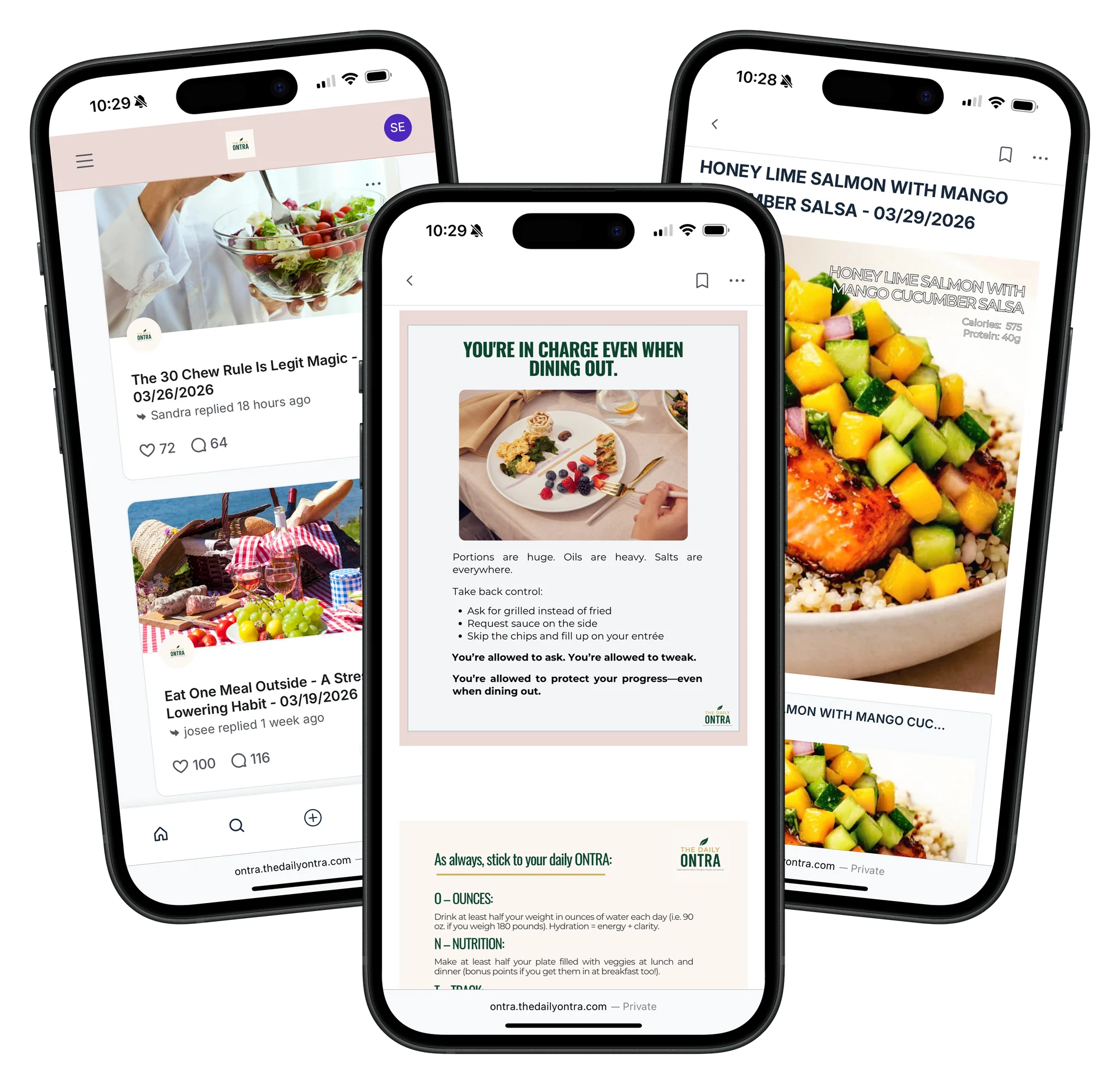 The Daily ONTRA member portal on three phones: a recipe, a daily lesson and community posts